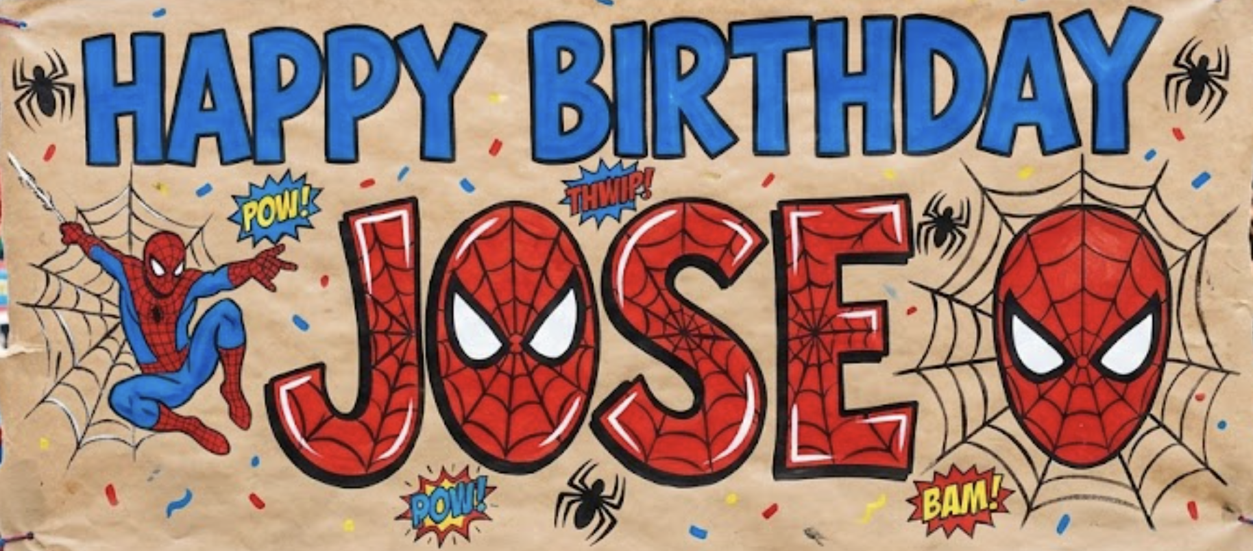 Spider-Man themed birthday banner with large red and black 'JOSÉ' letters covered in a web design, accompanied by cartoon spider webs, spiders, and comic book sound effect words like 'POW!', 'THWIP!', and 'BAM!'.