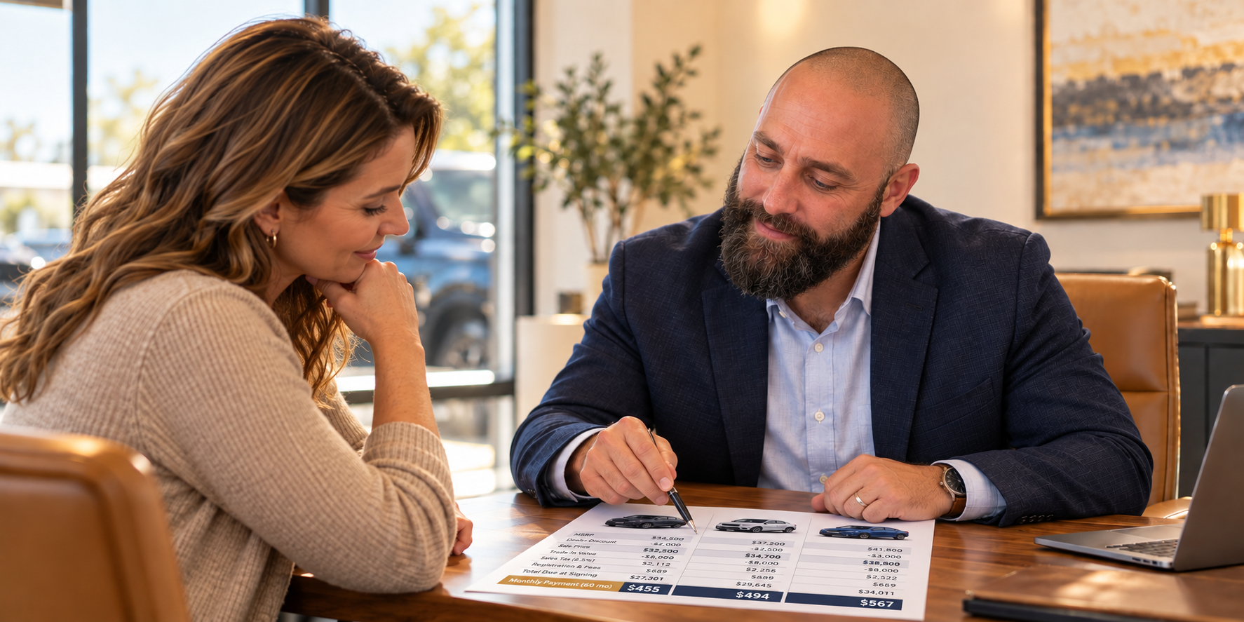 Garrett Bemer reviewing vehicle options and pricing with a car-buying client.