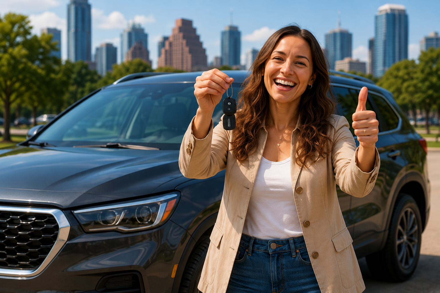 Happy car buyer holding her new vehicle key in front of an SUV.