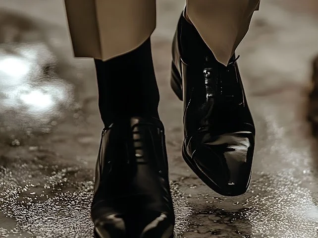 Close-up view of person's black polished dress shoes and black socks with a beige coat, walking on a wet pavement at night.
