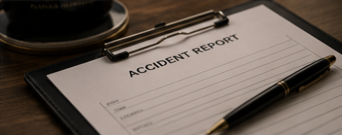 Close-up of an accident report form on a clipboard with a pen, coffee cup nearby.