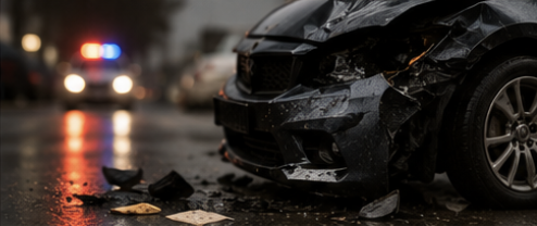 Damaged black car with front-end crash impact on wet street, debris and broken parts scattered around.
