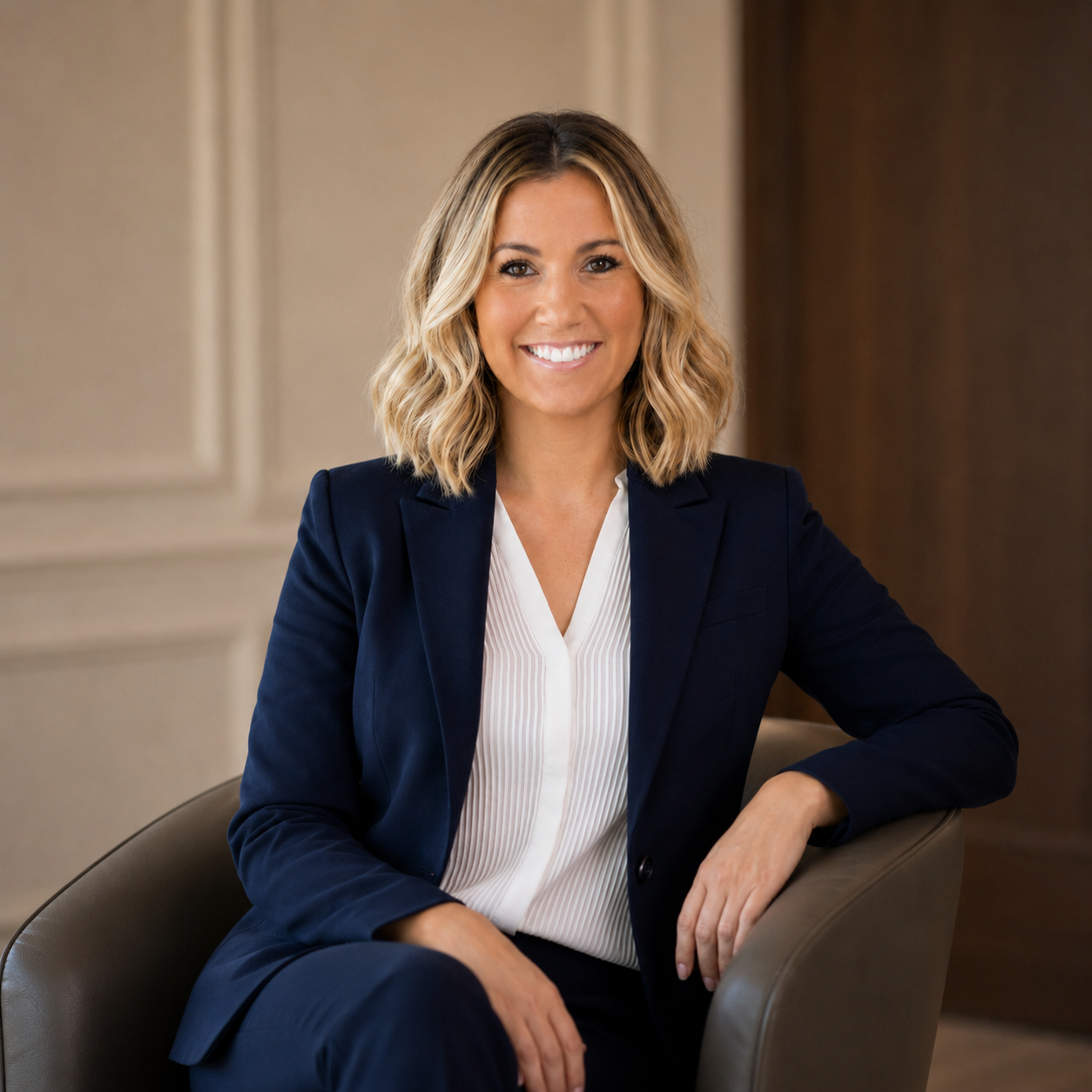 Woman with shoulder-length wavy blonde hair, wearing a navy blazer and white blouse, sitting on a gray chair in a professional setting, smiling at the camera.