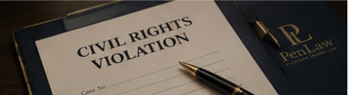 Close-up of a printed document titled 'Civil Rights Violation' on a clipboard with a pen.