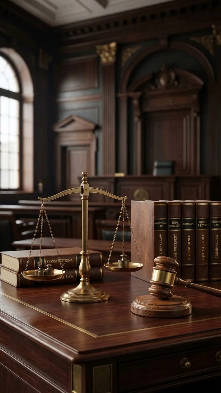 Law books, a gavel, and a scale of justice on a wooden desk in a courtroom.