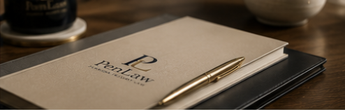 Pen resting on a PenLaw notebook on a wooden surface.
