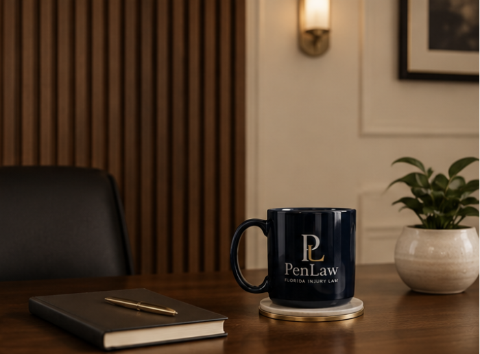 A black coffee mug with the PenLaw logo and Florida Injury Law text, a closed notebook with a gold pen, and a potted plant on a wooden desk in an office setting.