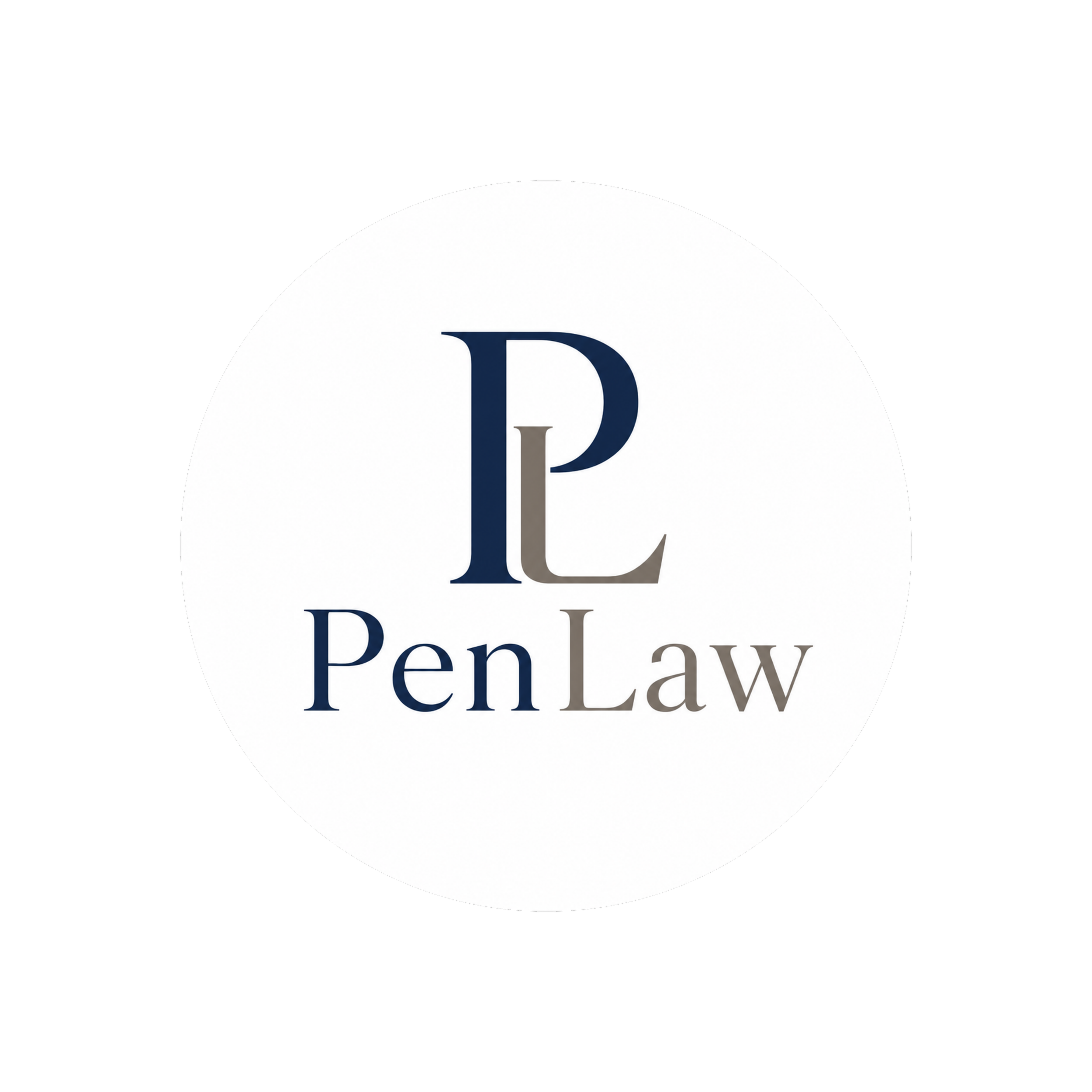 Close-up of a logo with a white circle background and a large letter 'P & L' in dark blue, partially overlapping the word 'Pen Law' in smaller letters underneath.