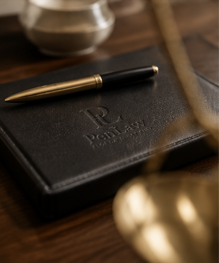 Close-up of a black Pen & Pencil leather-bound planner with embossed 'Pen & Law' logo, a gold and black pen resting on it, and blurred objects in the background.