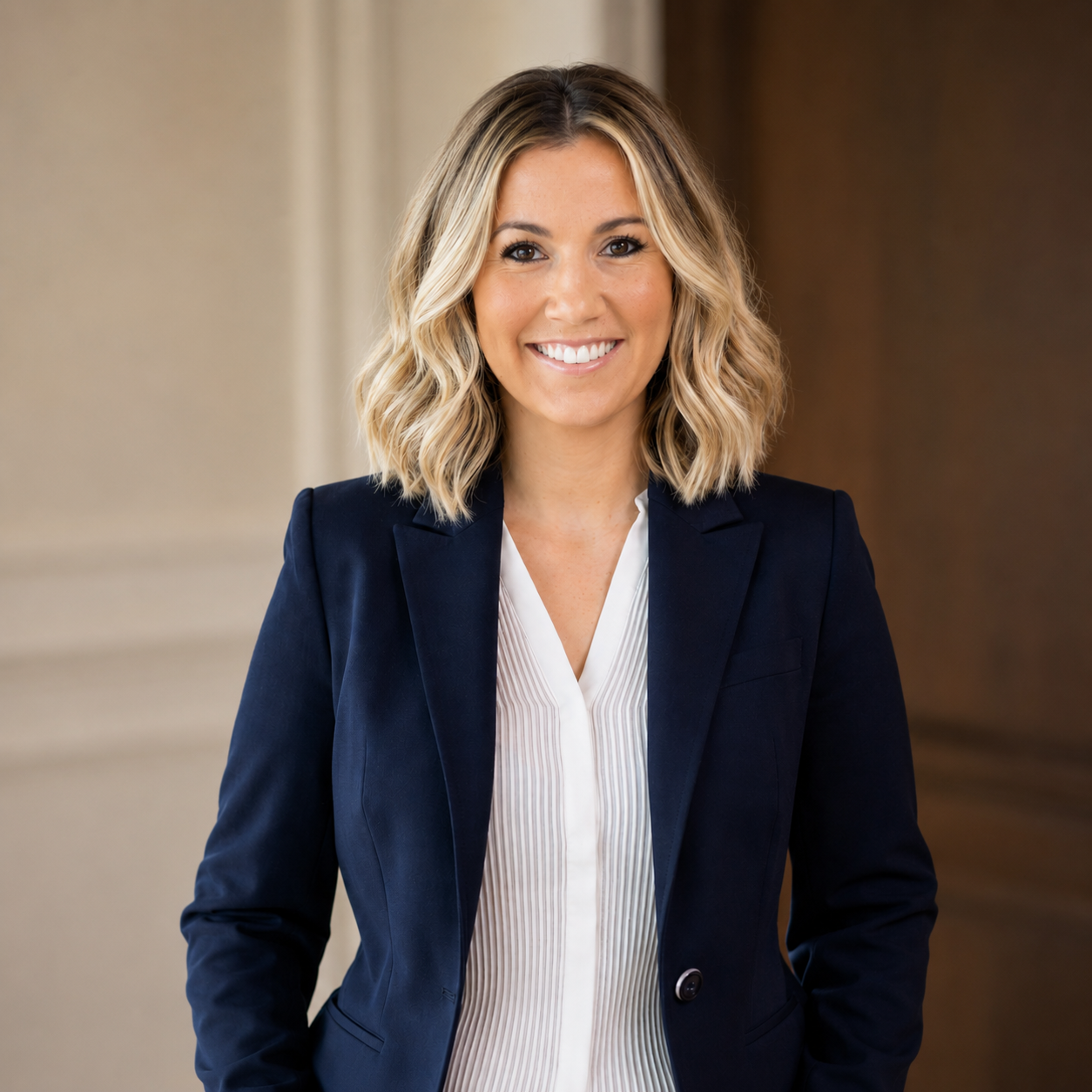 A smiling woman with blonde, wavy hair wearing a navy blazer and white blouse.