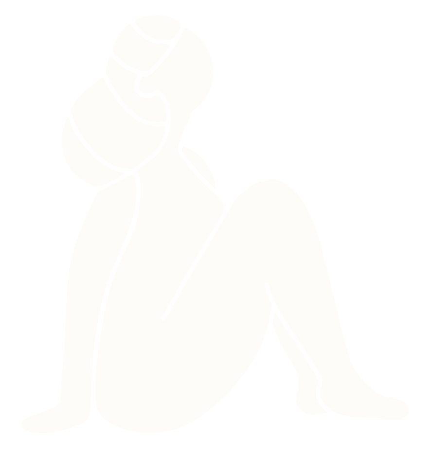 Outline drawing of a woman sitting with one knee bent, wearing sunglasses and a swimsuit.