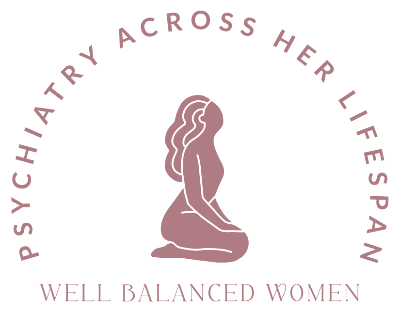 A logo featuring a stylized woman with long wavy hair kneeling with her back to the viewer. The text encircles the woman and reads 'Psychiatry Across Her Life Span', with the slogan 'Well Balanced Women' underneath.