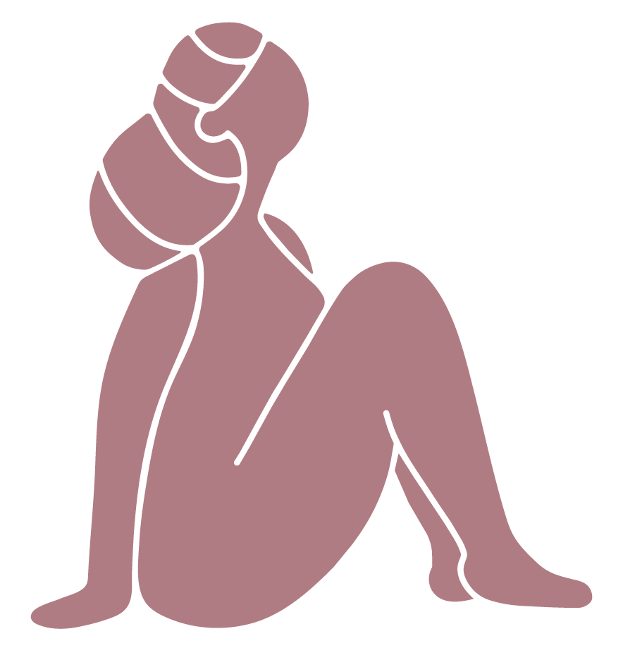 Line drawing of a seated woman with hair in a bun, with one knee raised, in a minimalist style.