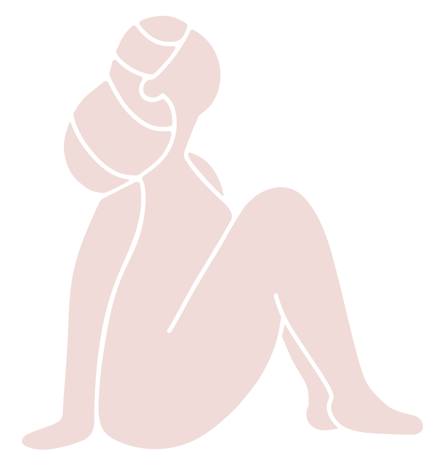 Minimalist illustration of a seated woman with her knees bent and behind her head, using a black outline and light pink fill.