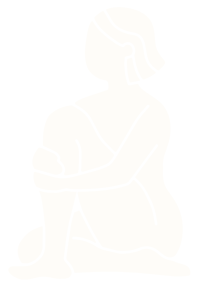 Line drawing of a woman sitting with her arms crossed over her knees, looking off to the side.