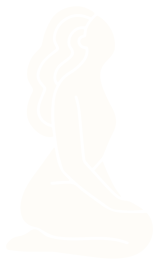 Line art illustration of a woman sitting with her legs folded to the side, facing right, with long wavy hair.