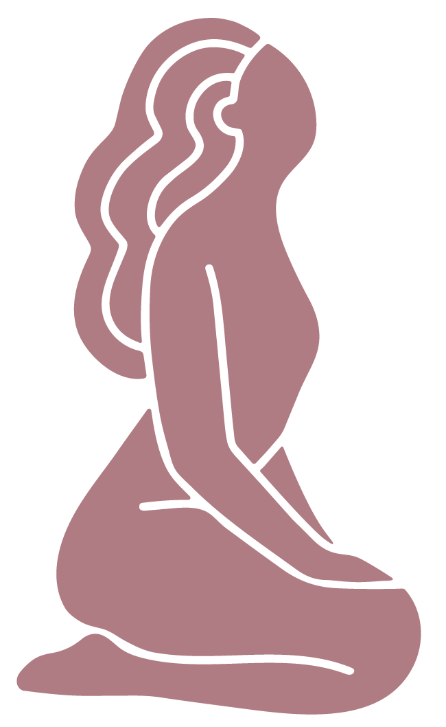 Minimalist line art of a seated woman with long hair, facing sideways