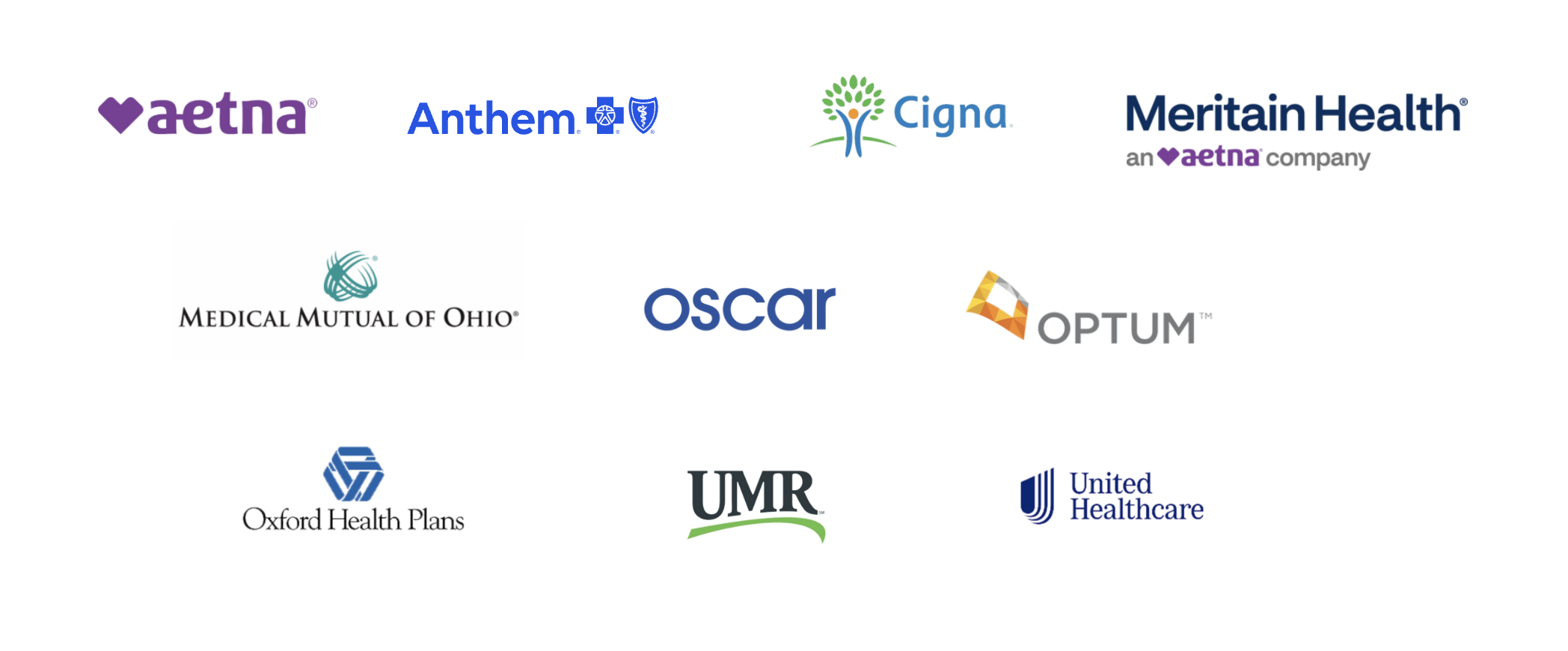 Collection of healthcare and insurance company logos, including Aetna, Anthem, Cigna, MeritonHealth, Medical Mutual of Ohio, Oscar, Optum, Oxford Health Plans, UMR, and United Healthcare.