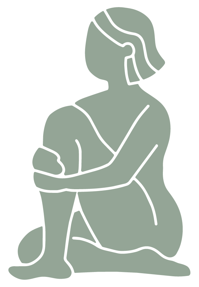 Line drawing of a woman kneeling and holding a child in her arms, with her face turned to the side.