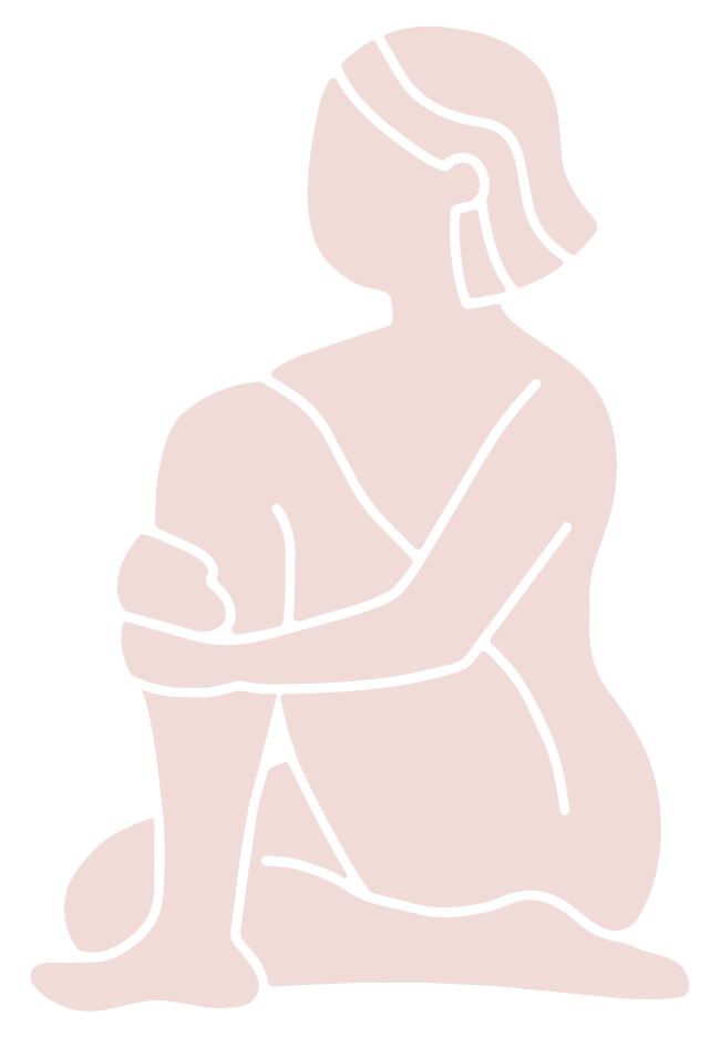 Minimalist line drawing of a seated woman with short hair, crossing her arms while kneeling.