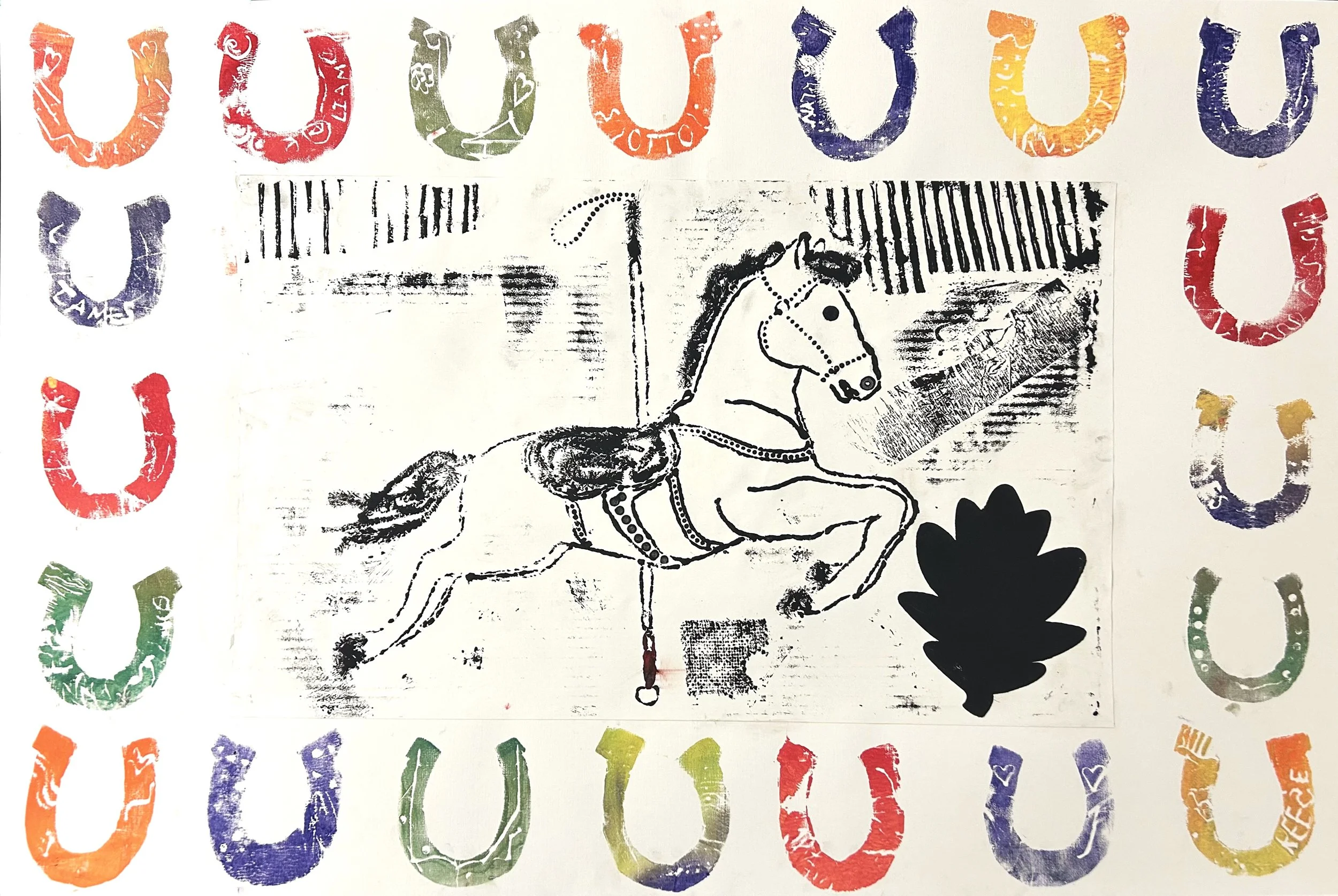 Vips carousel horse, collagraph and horseshoe stamps made by kids at vips., 2025 , 22x30 in  