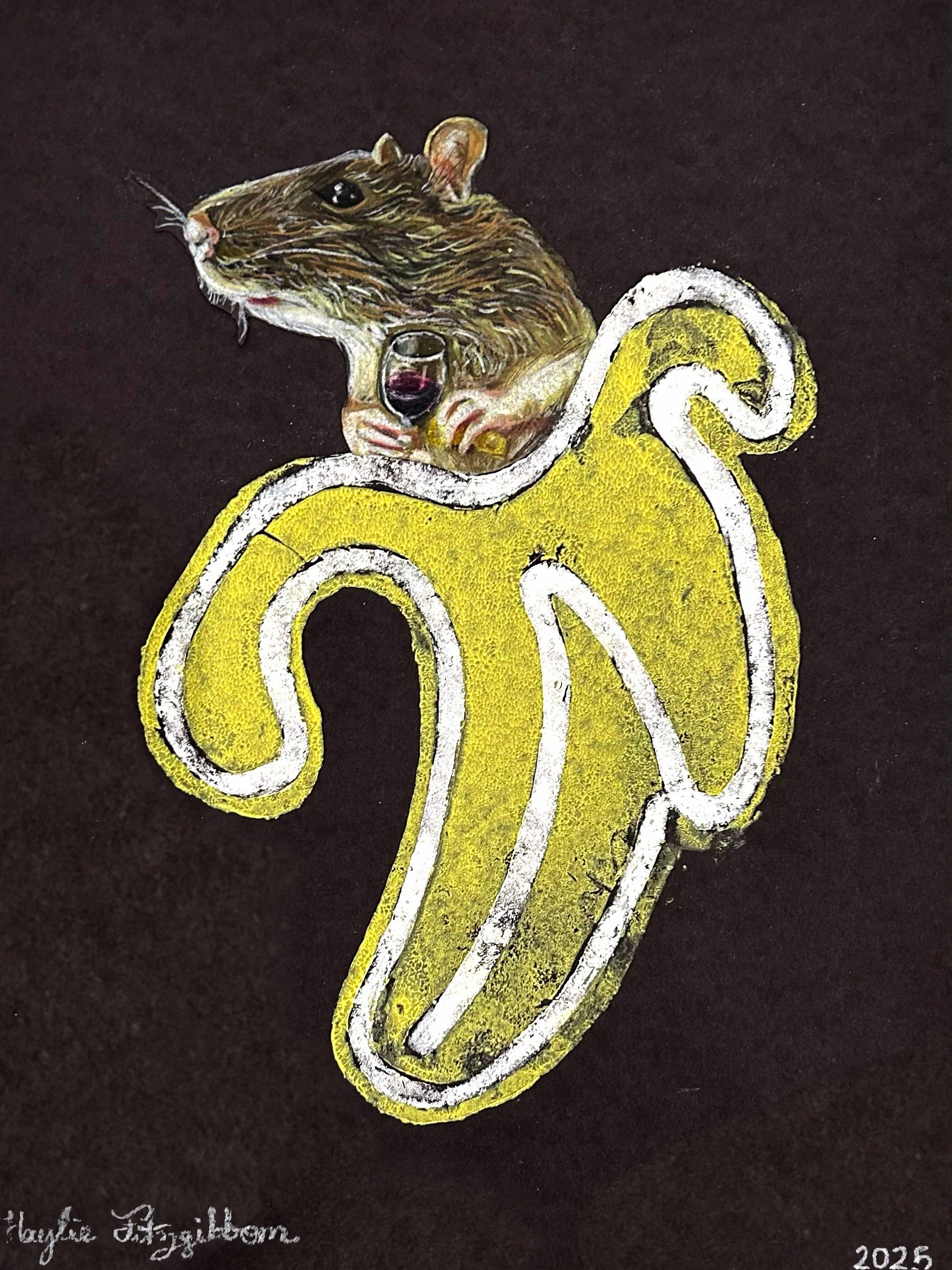 Banana Rat, Linocut and colored pencil, 2025, 9"x12"