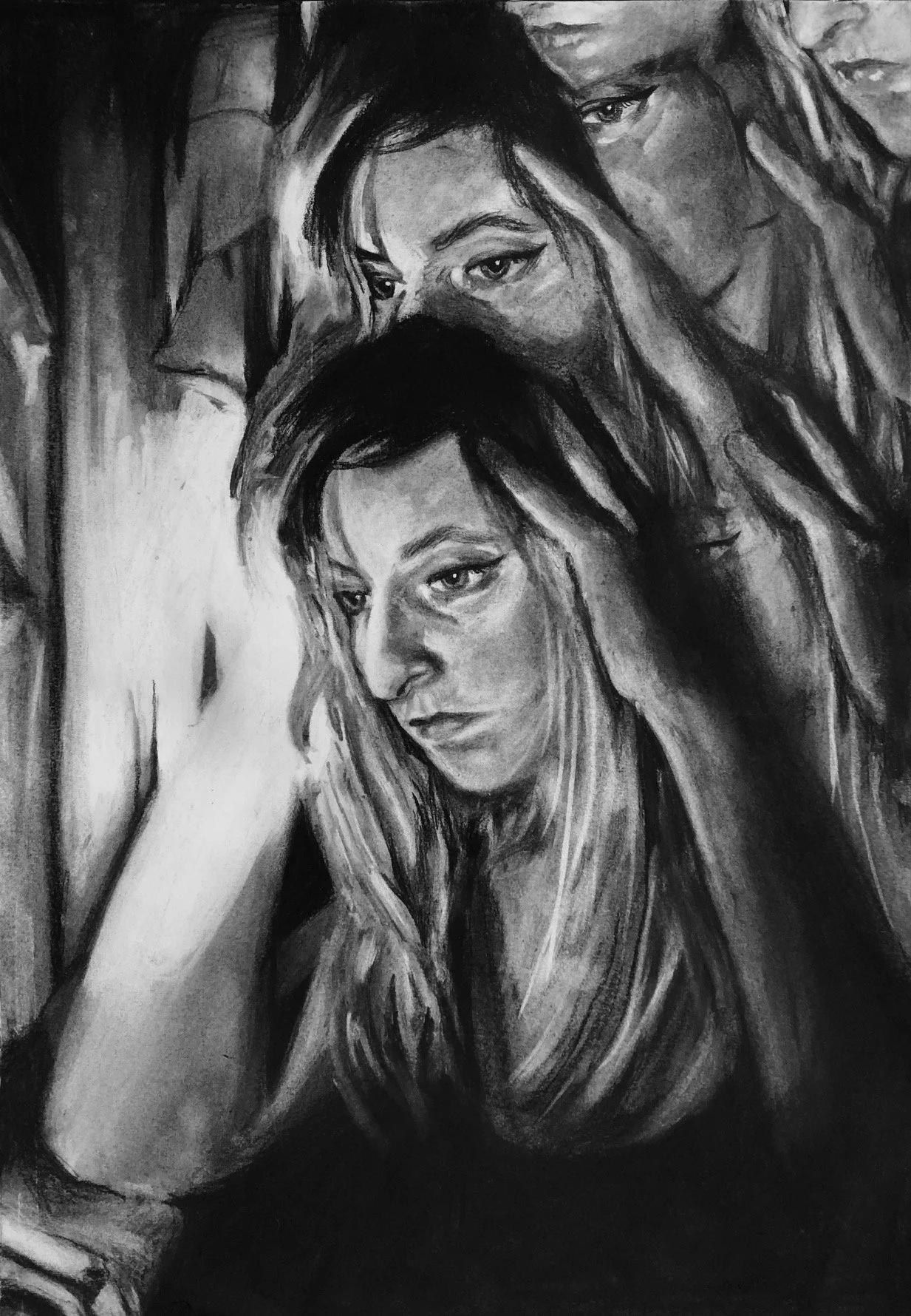 overwhelmed/ charcoal drawing on paper/ 2022, 15x23 in