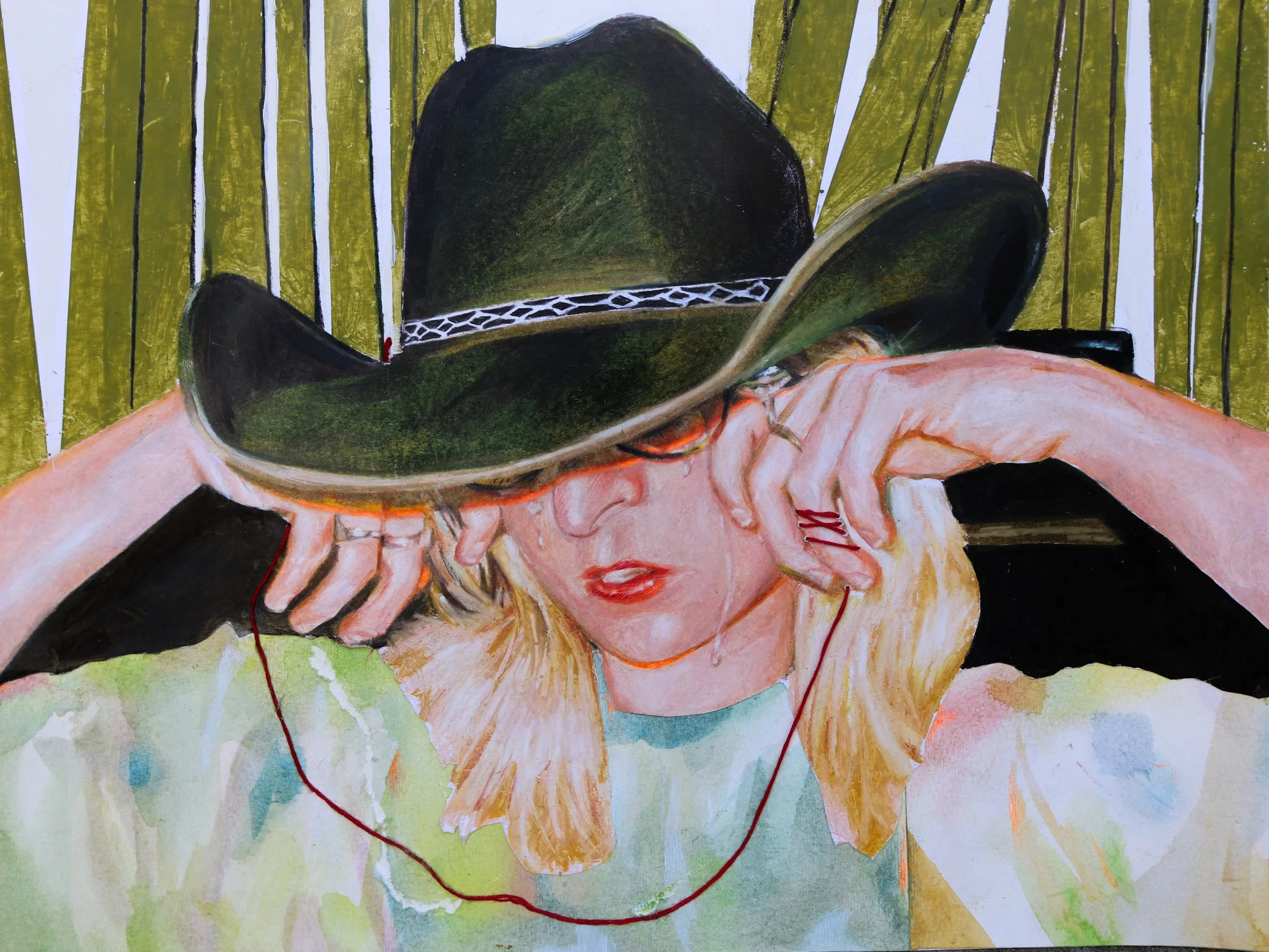 cowboy tears, colored pencil,yarn, watercolor and oil pastels, 2024, 14x17 in 