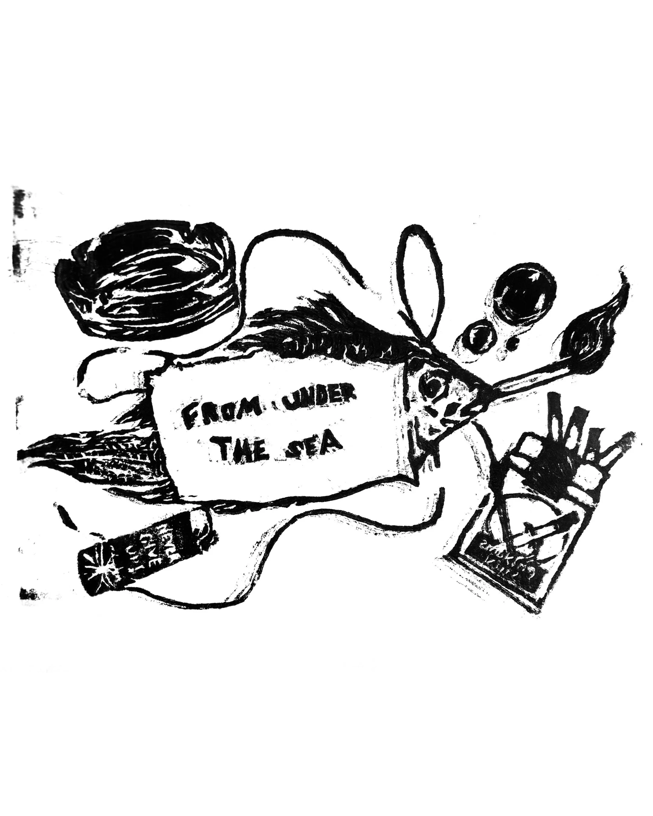 smoking  fish, woodblock, 8x12 in