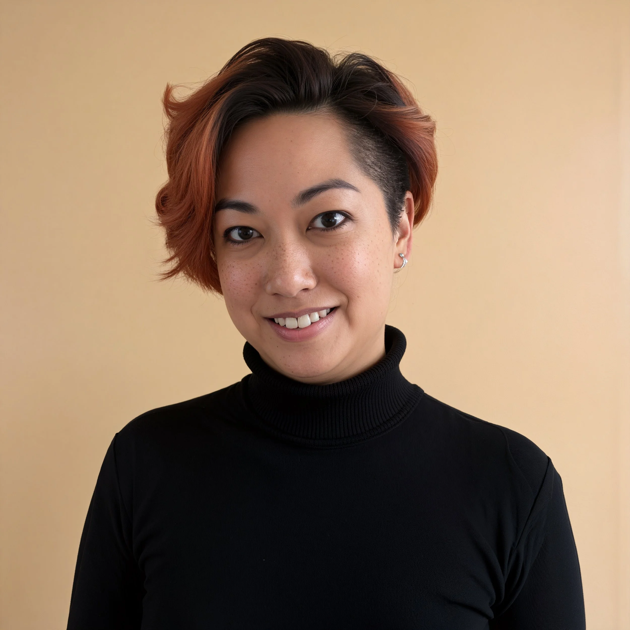 Close-up of a woman's face with short, infuser hair. Her hair is styled with a side part and dyed with shades of dark brown and reddish-orange. She is smiling slightly and wearing a black turtleneck sweater against a plain beige background.