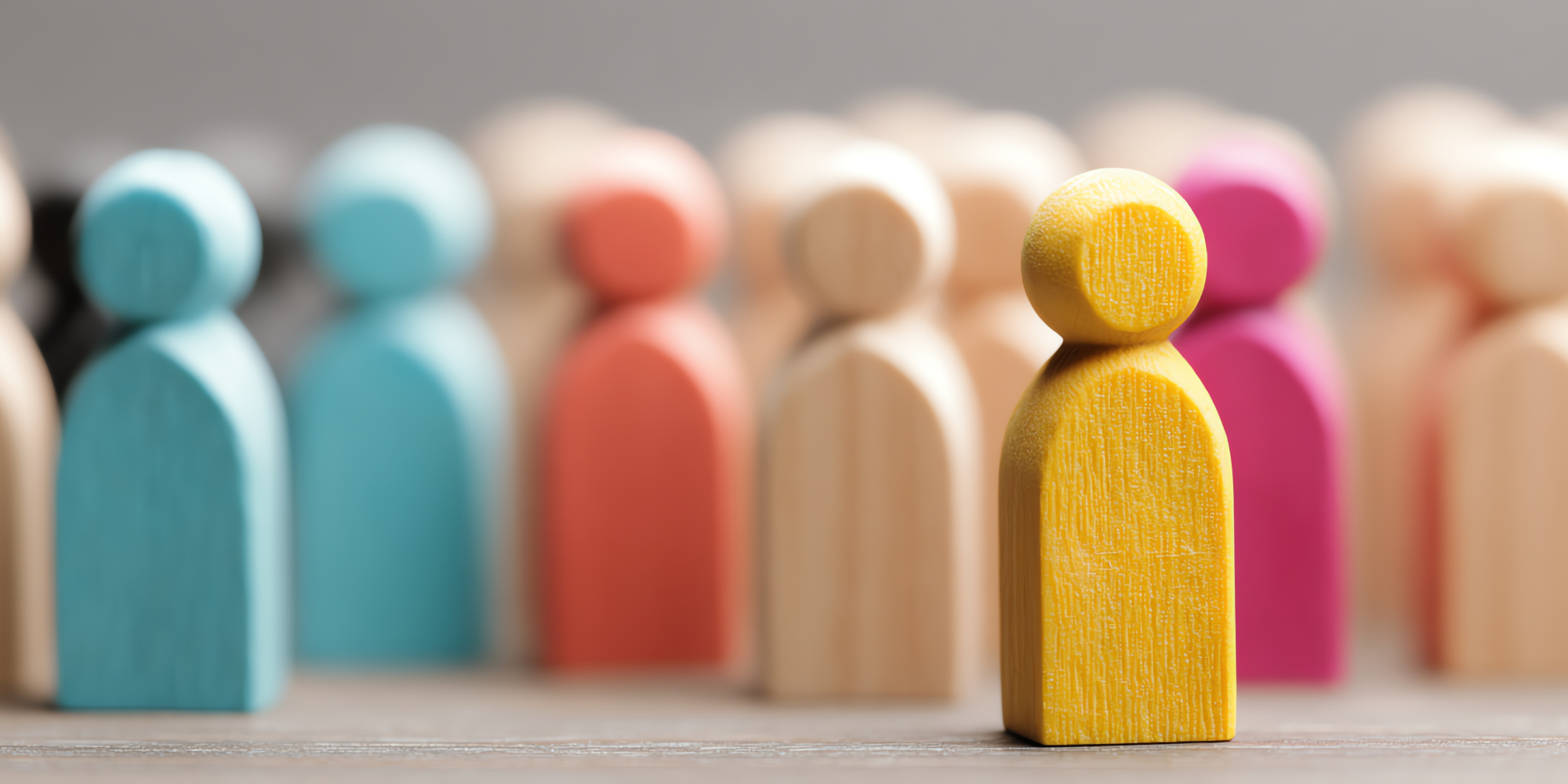 Colorful wooden figurines arranged in a line, with a yellow figurine in the foreground and other figurines in various colors like blue, pink, white, and beige in the background.