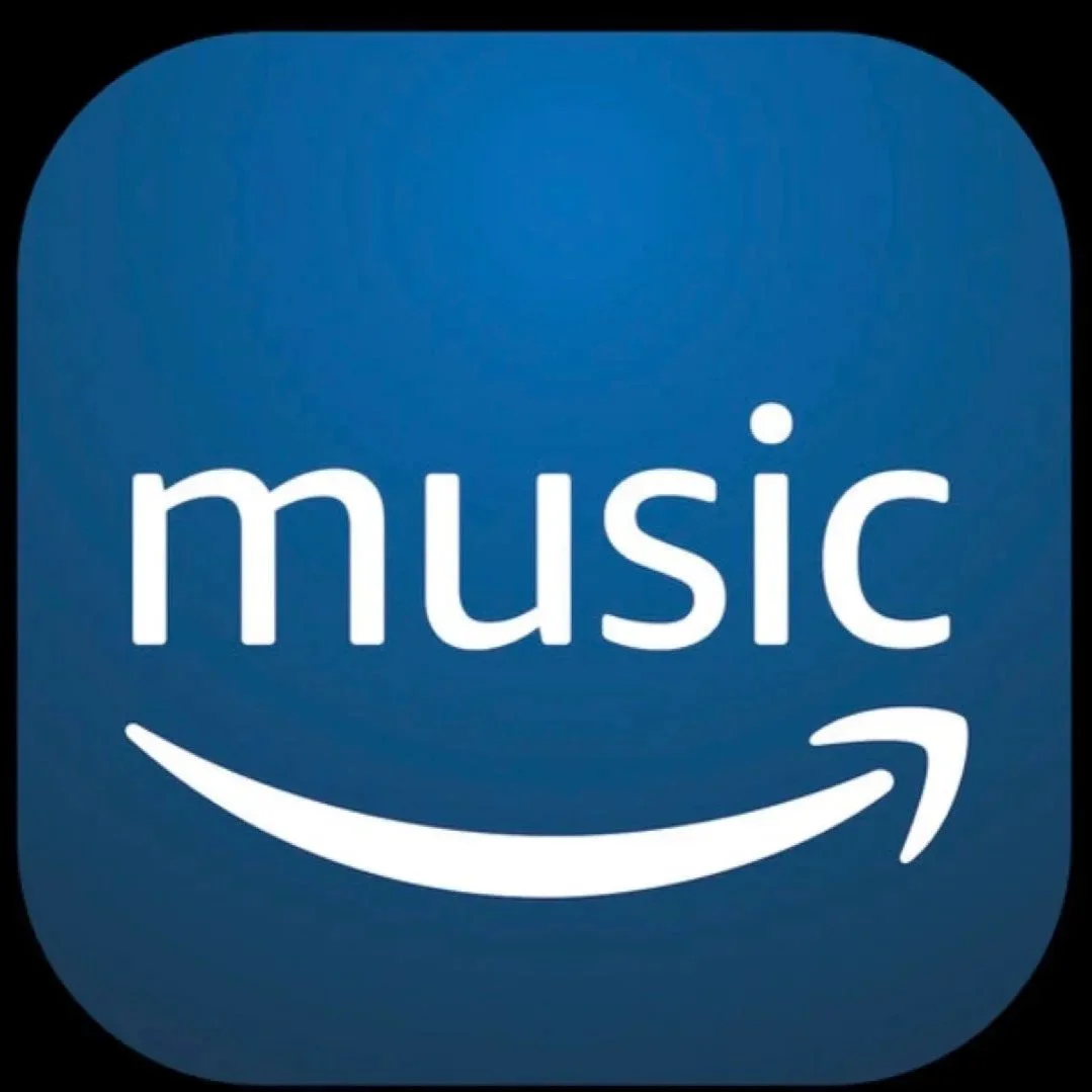 Amazon Music app icon with blue background, white text 'music', and a curved arrow underneath.