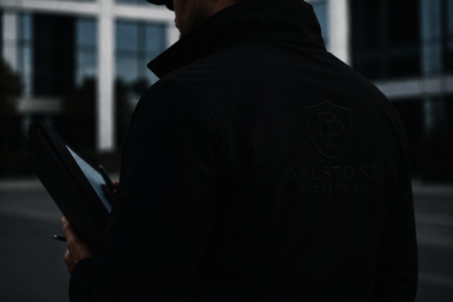 Une personne portant une veste noire avec un logo de protection Dalstone dessus, tenant une tablette, dans un environnement urbain