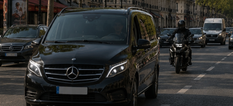 Black Mercedes-Benz van driving on a city street with other cars and a security motorcycle visible in the background.