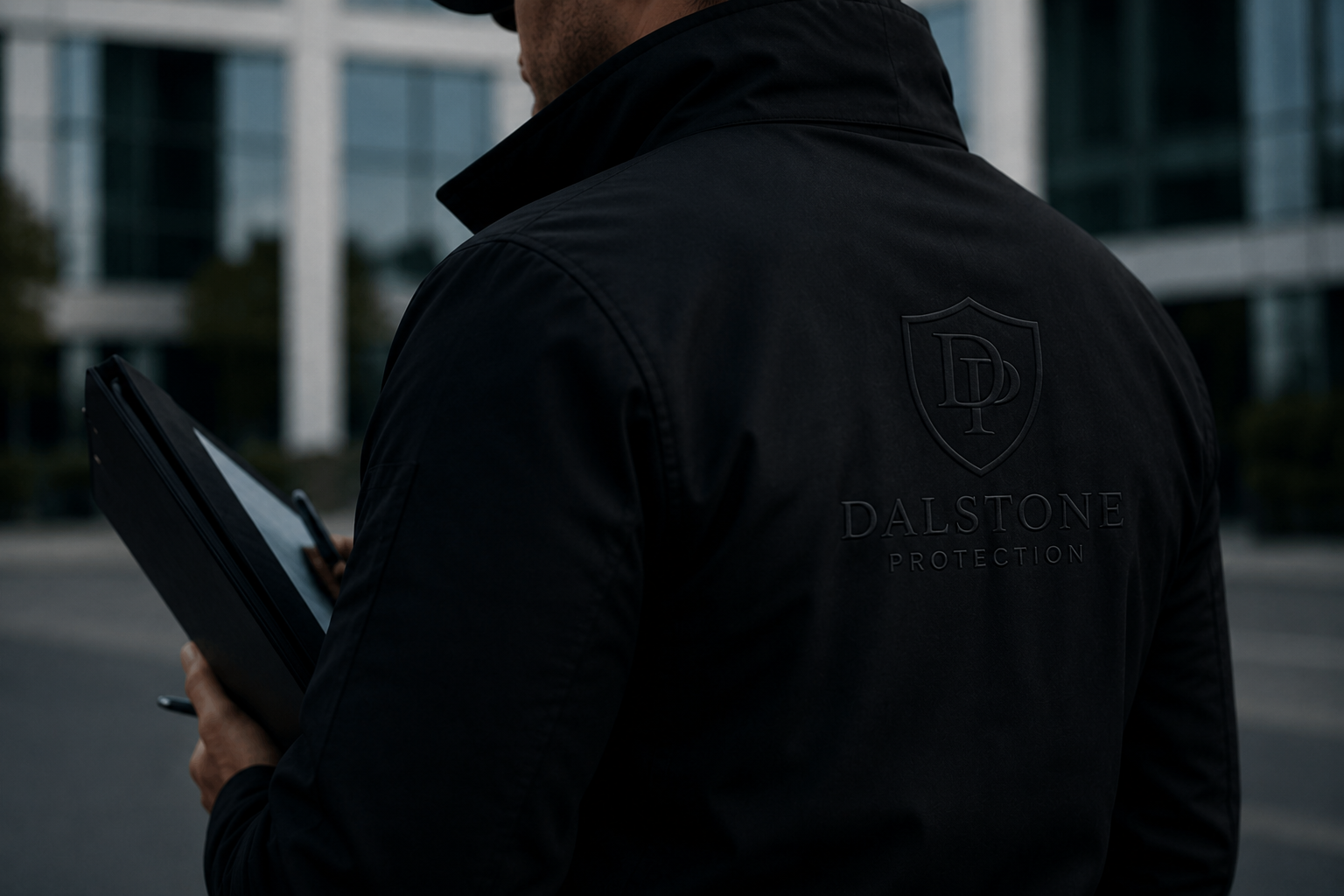 A person wearing a black jacket with the Dalstone Protection logo, looking at a tablet outside in an urban setting.