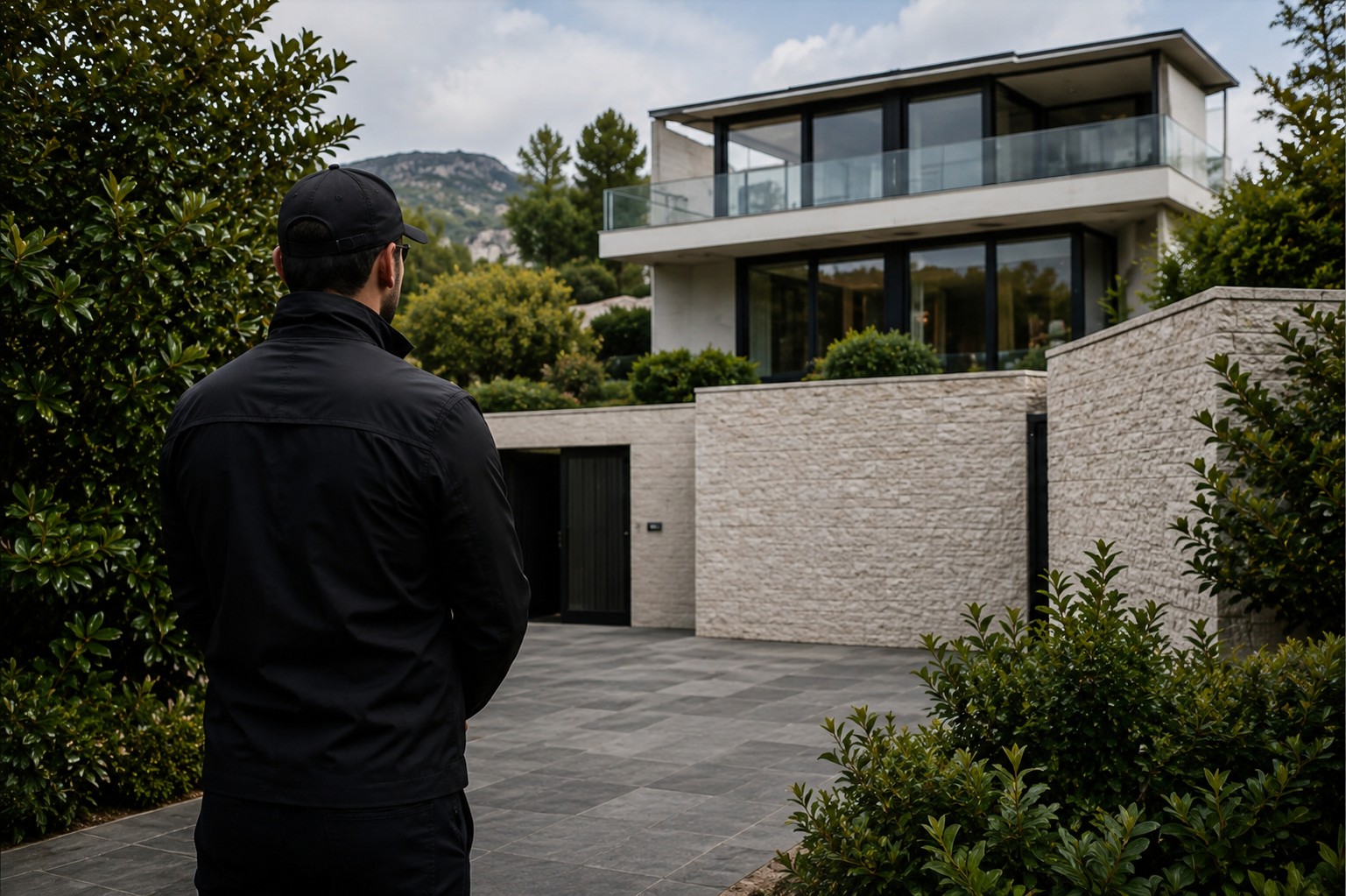 A man in black clothing and a cap stands outside near a modern, multi-level house with large glass windows and a clear balcony, surrounded by greenery and trees in a mountainous area.