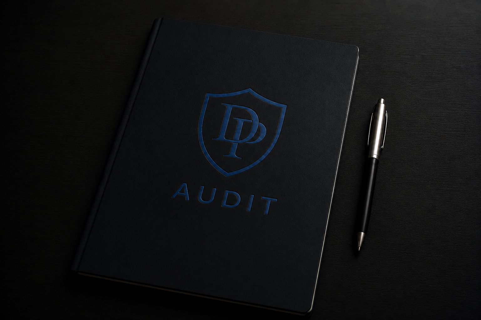 Black audit notebook with a blue logo dalston protection and the word 'AUDIT' on the cover, accompanied by a black and silver pen, on a dark surface.