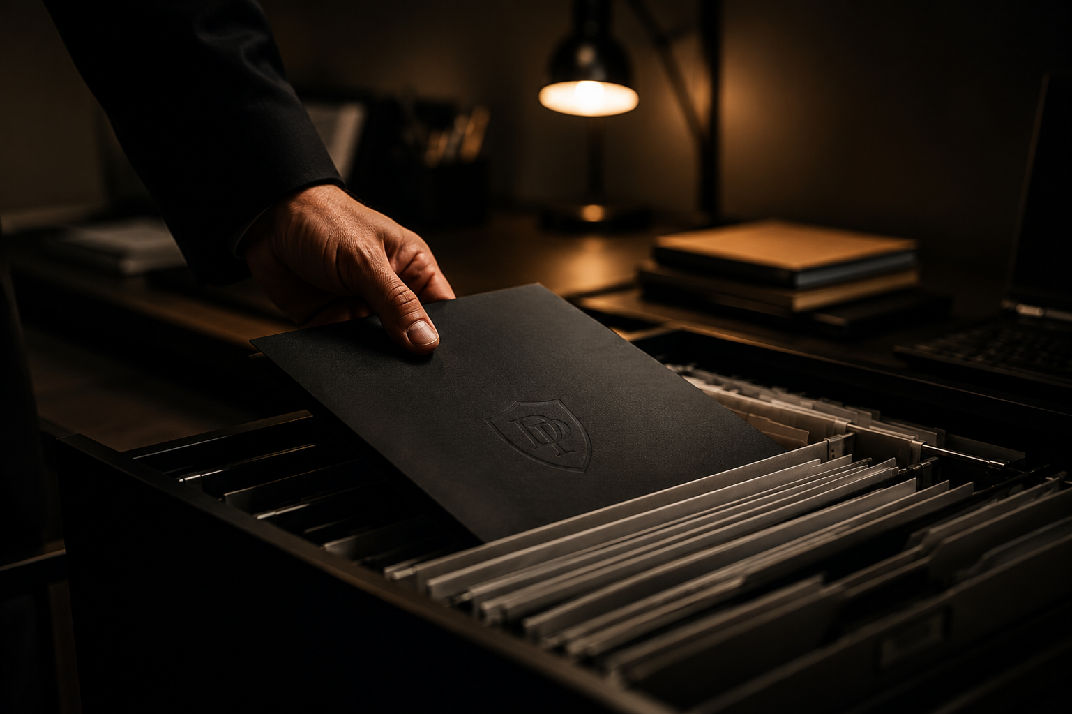 A person in a dark suit flipping through folders in a filing dalston cabinet, illuminated by a desk lamp in a dimly lit office.