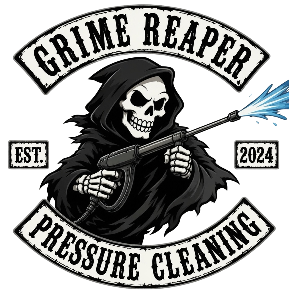 A cartoon skull with black hair and a black hooded cloak, wielding a pressure washer spraying water, with the text "Crime Reaper Pressure Cleaning," established 2024.