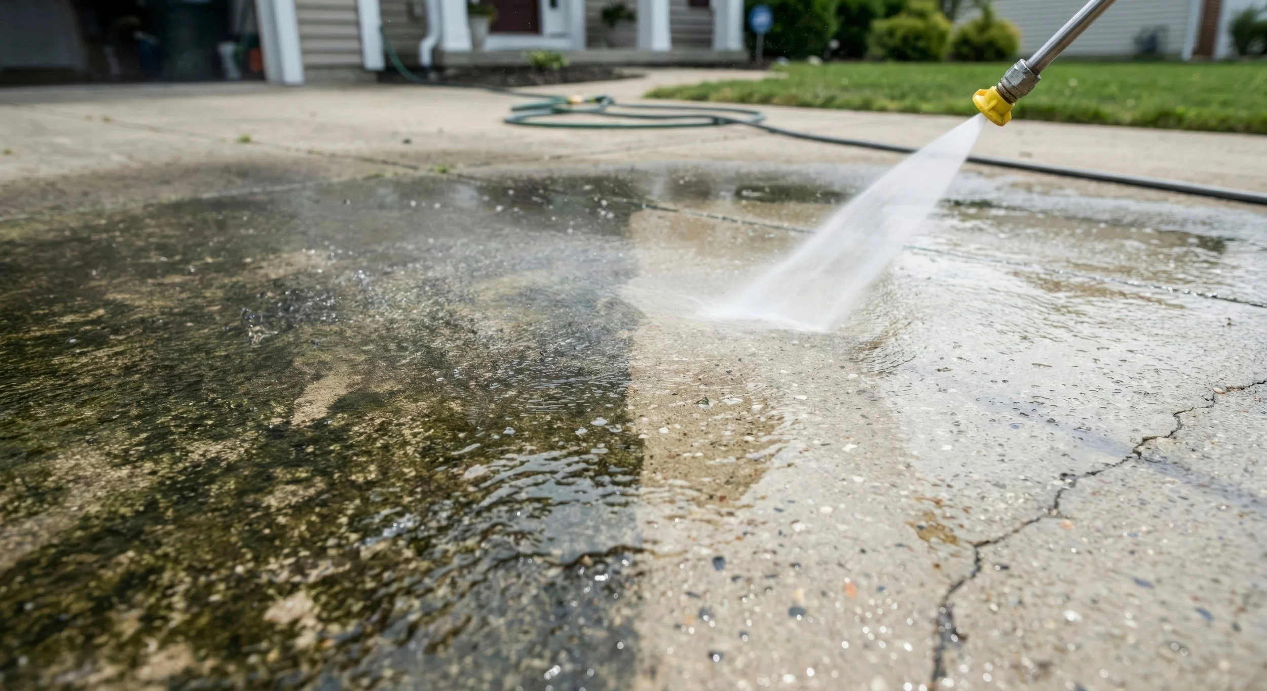Close-up of a garden hose spraying water on cracked and stained concrete patio with wet and dry areas, in a backyard with grass and house in background.