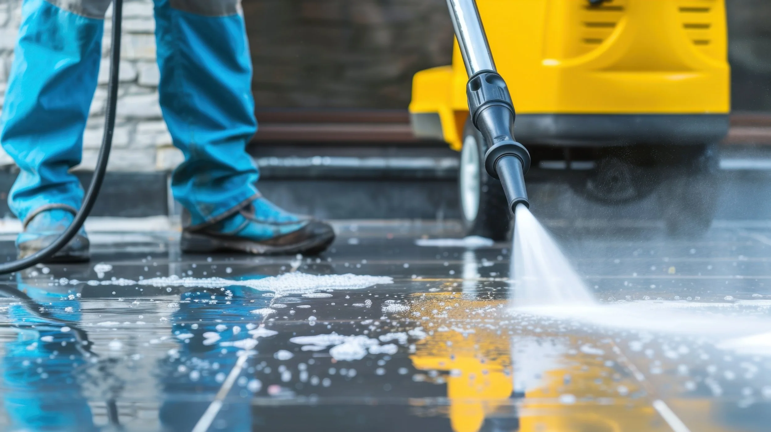 Person cleaning a wet floor with a handheld pressure washer outside near a stone wall and a yellow trash bin.