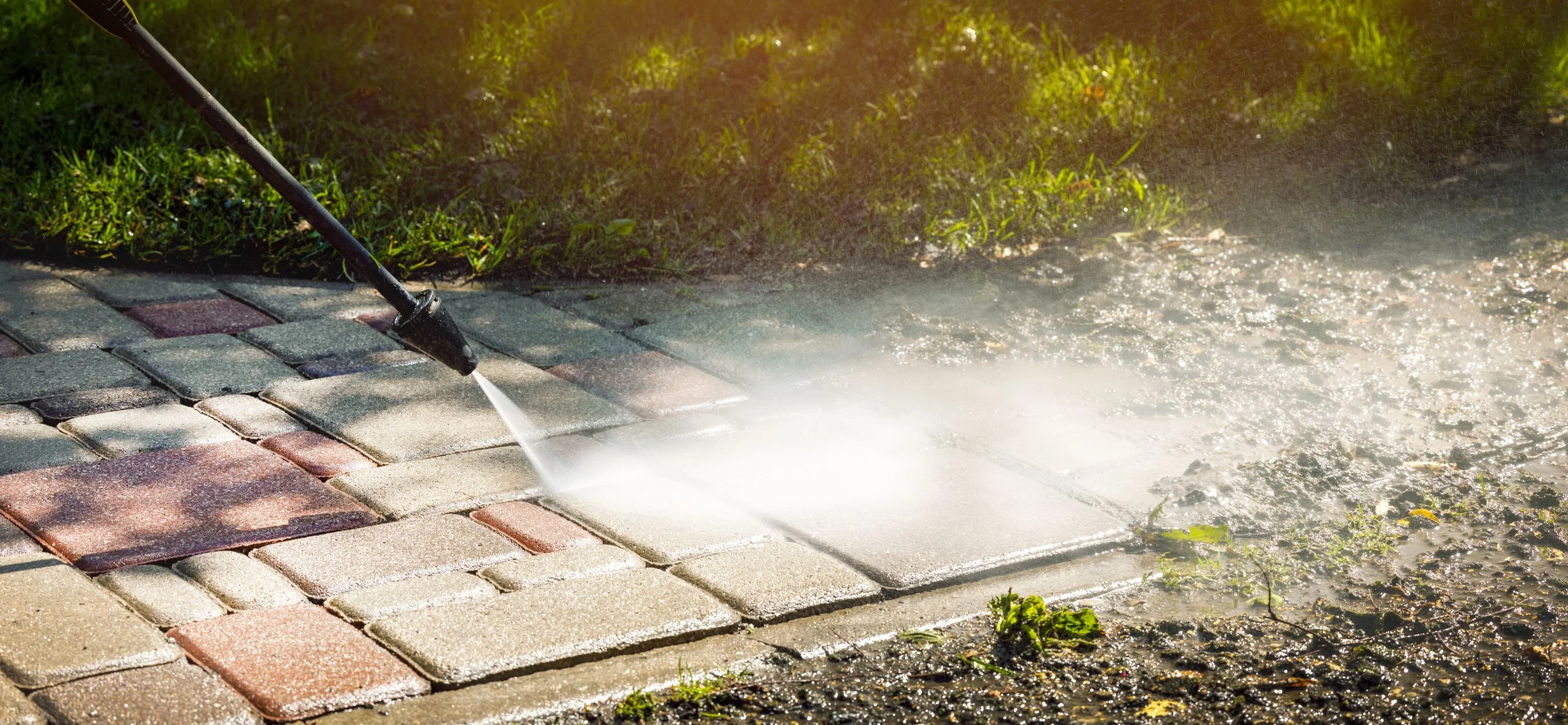 A pressure washer cleaning wet brick pavers on a walkway with water and soap spray, with grass and greenery nearby.