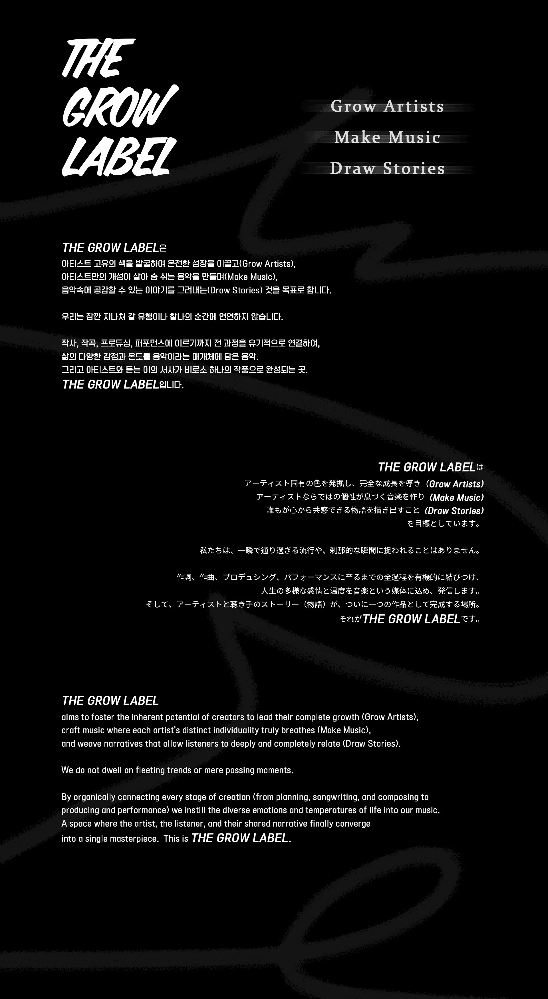검은 배경에 흰 글씨로 'THE GROW LABEL'과 그 목표인 'Grow Artists, Make Music, Draw Stories'를 설명하는 텍스트가 포함된 포스터 또는 광고 이미지.