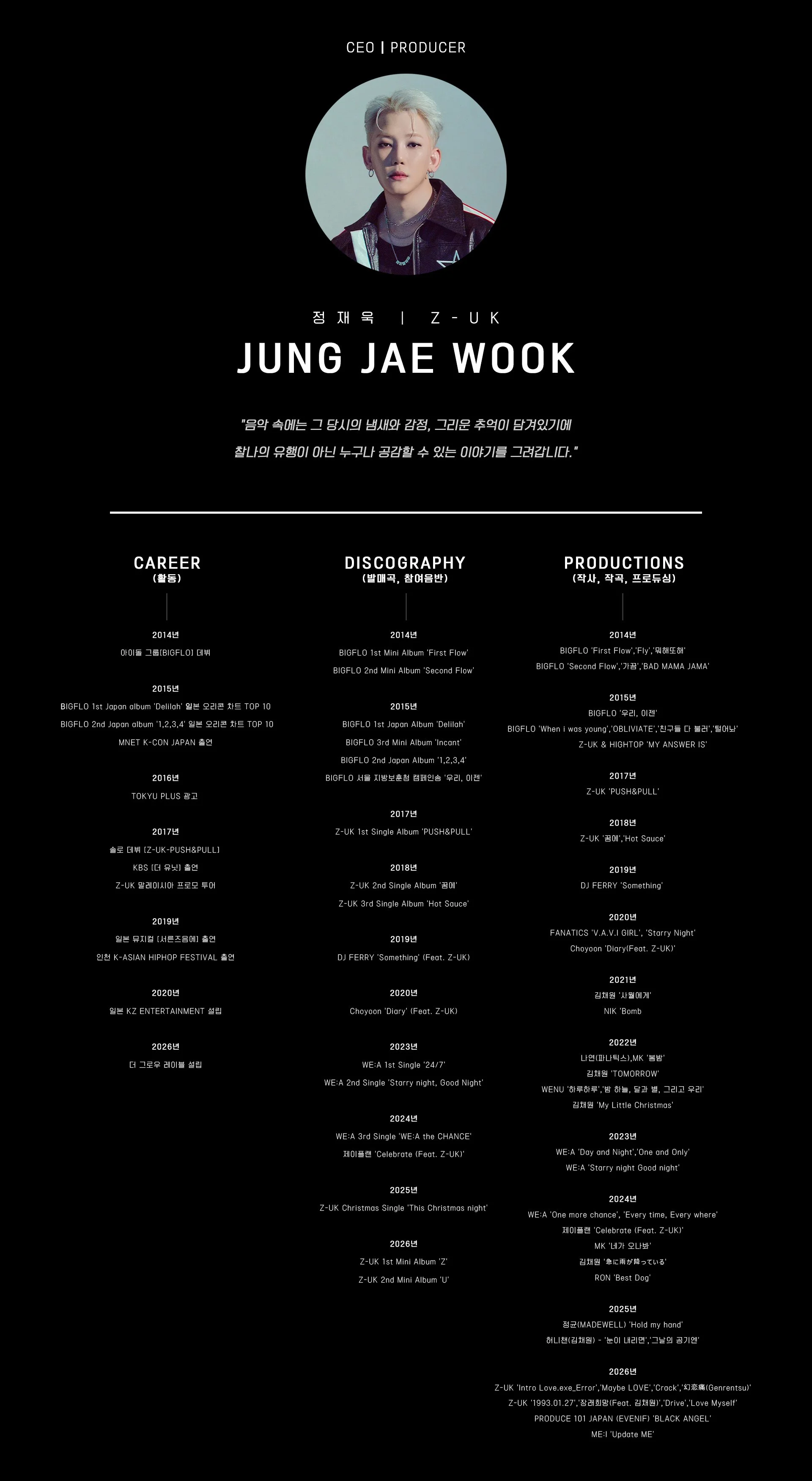 이 이미지는 지욱( Z-UK )의 사진과 그의 이름, 직책, 그리고 커리어와 디스코그래피, 프로덕션 목록이 포함된 연혁 타임라인입니다. 검은 배경에 흰색 글씨로 구성되어 있으며, 남성은 청청색 배경에 반바지와 목걸이, 유행하는 헤어스타일을 하고 있습니다.