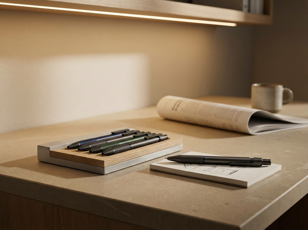A desk with five colored pens on a wooden tray, a notebook with a pen on top, a rolled-up newspaper, and a ceramic mug.