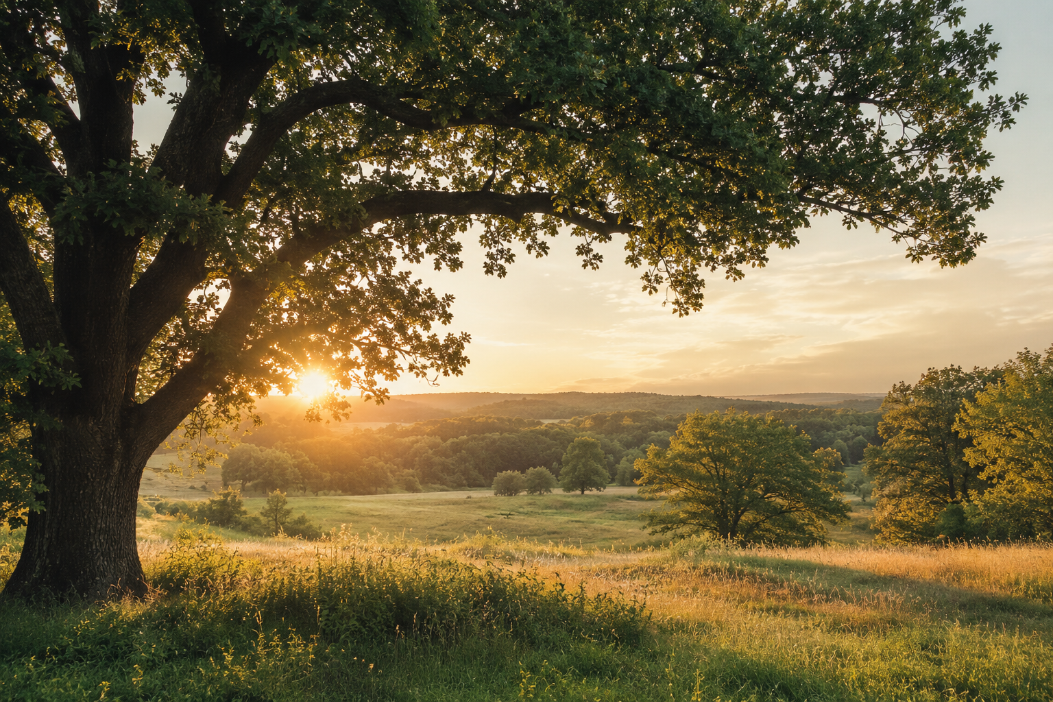 Large tree overlooking a peaceful landscape at sunset.