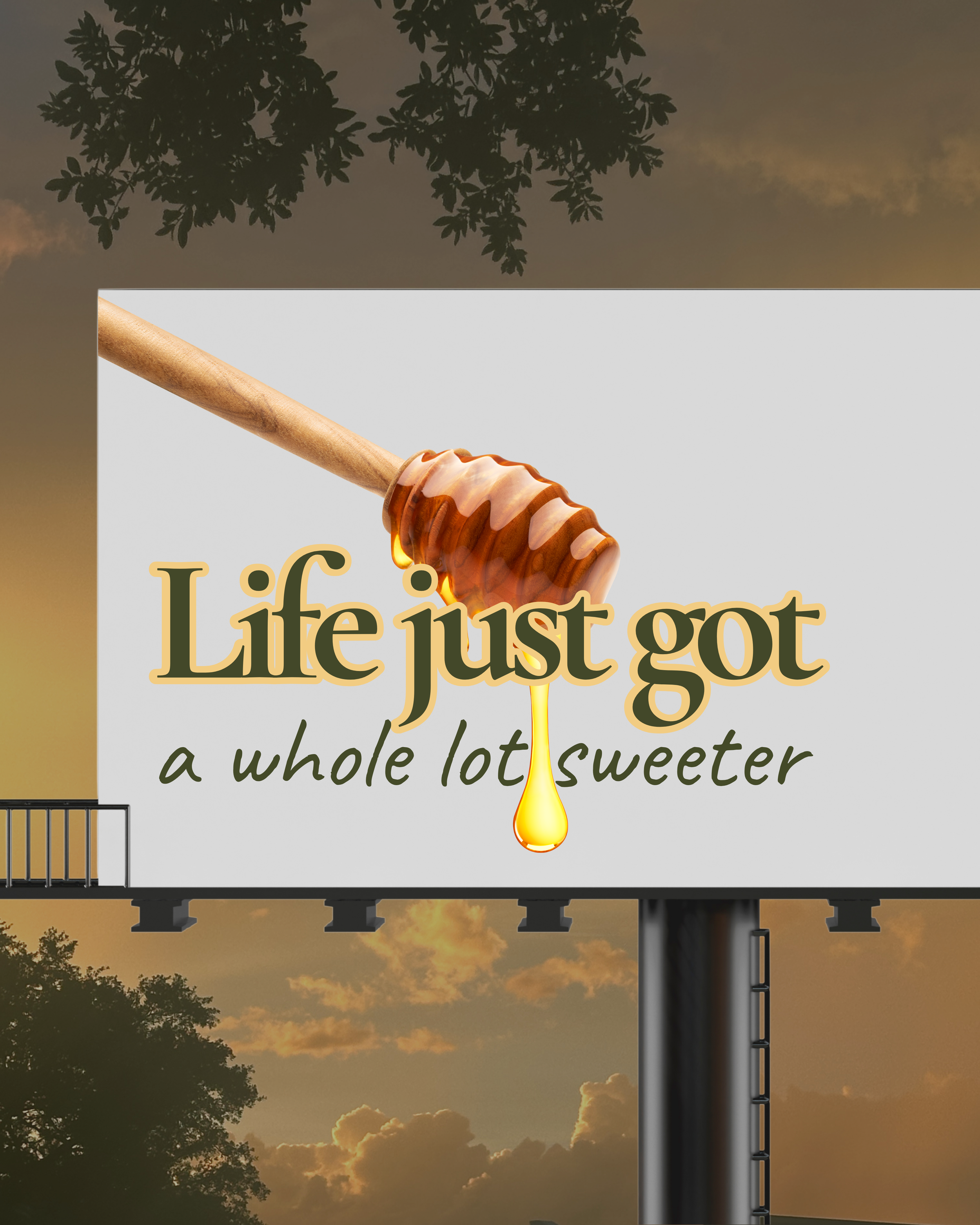 Billboard at sunset featuring the text 'Life just got a whole lot sweeter' with a caramel candy being drizzled on a stick. Silhouettes of trees and clouds are visible in the sky.