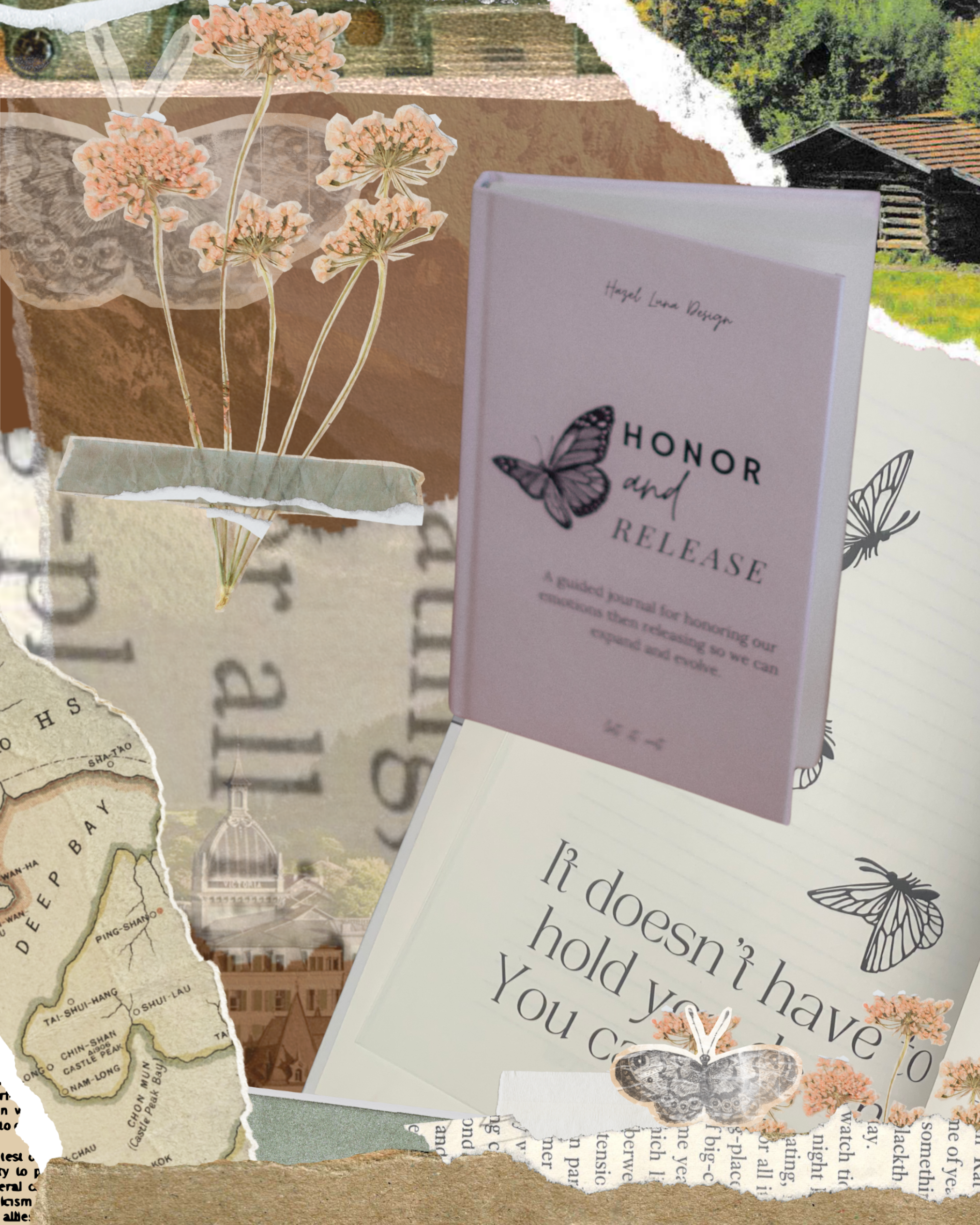 A collage of torn paper, printed text, and illustrations. Features a book titled 'Honor and Release' with a butterfly, flowers, and vintage map elements.
