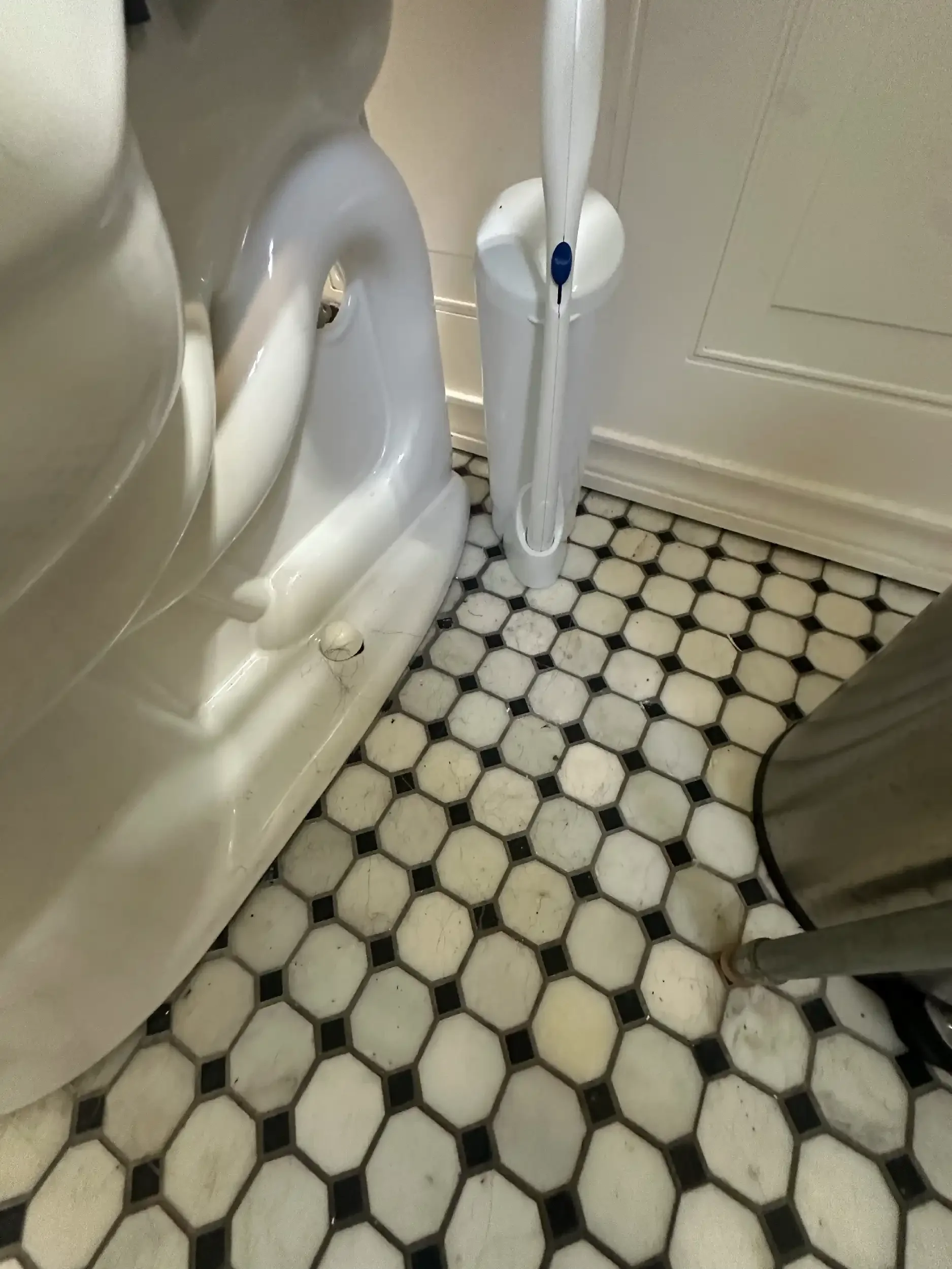 Bathroom with white hexagonal tile floor with black accents, a toilet, a mop, and a cabinet.