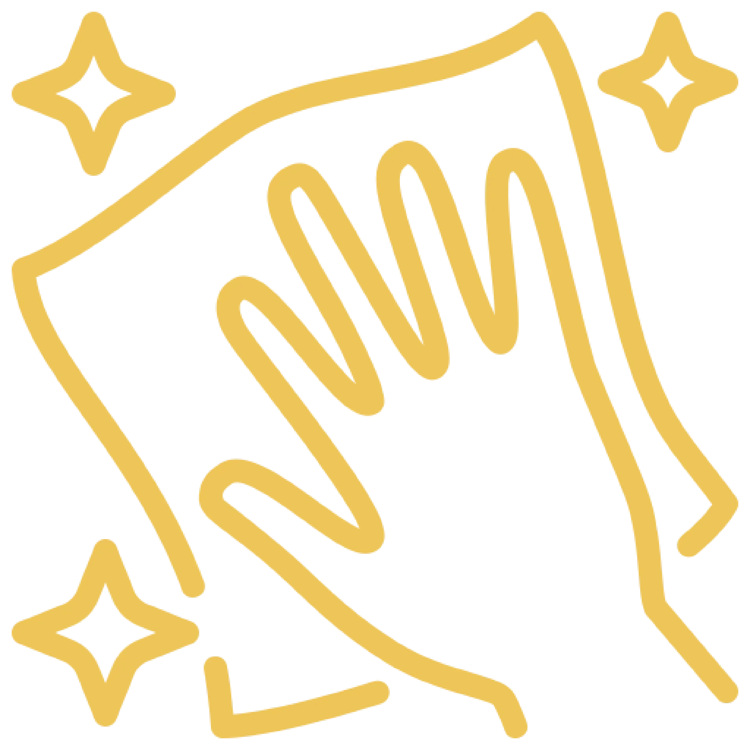 A yellow icon of a hand with a washcloth and sparkles denoting a sparkling clean surface.